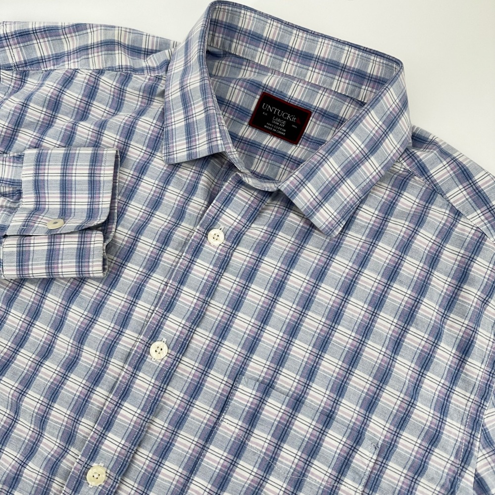 UNTUCKit Button Down Shirt Mens Large Blue Purple Plaid Slim Fit Cotton